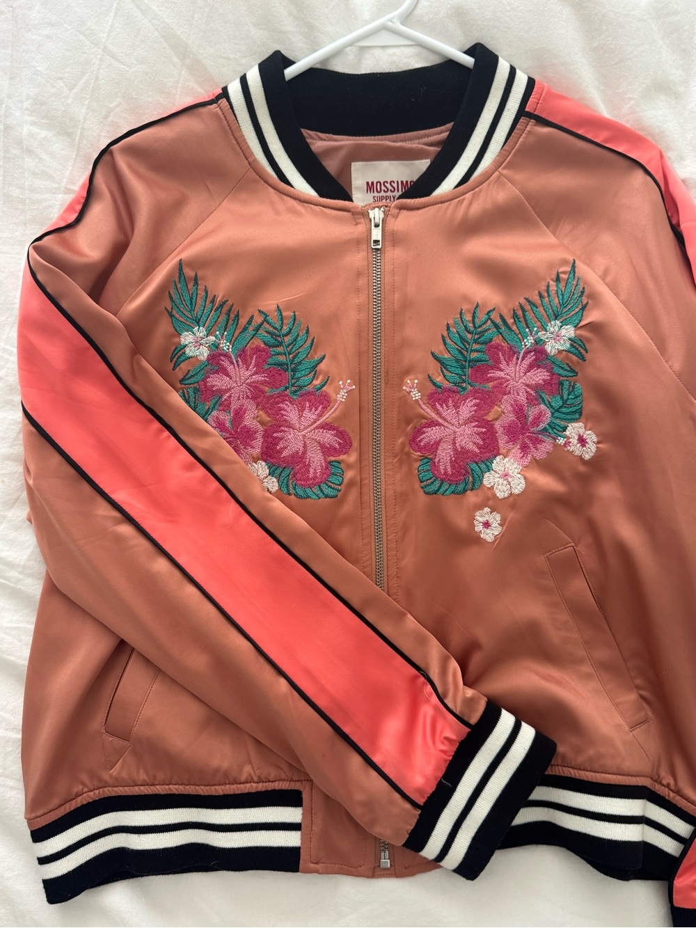 Mossimo Supply Co. Coral Pink Satin Floral Embroidered Bomber Jacket